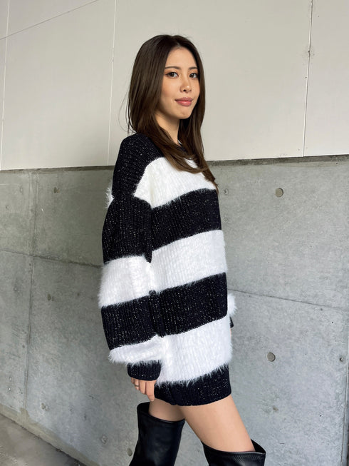 シャギーラメボーダーニットトップス